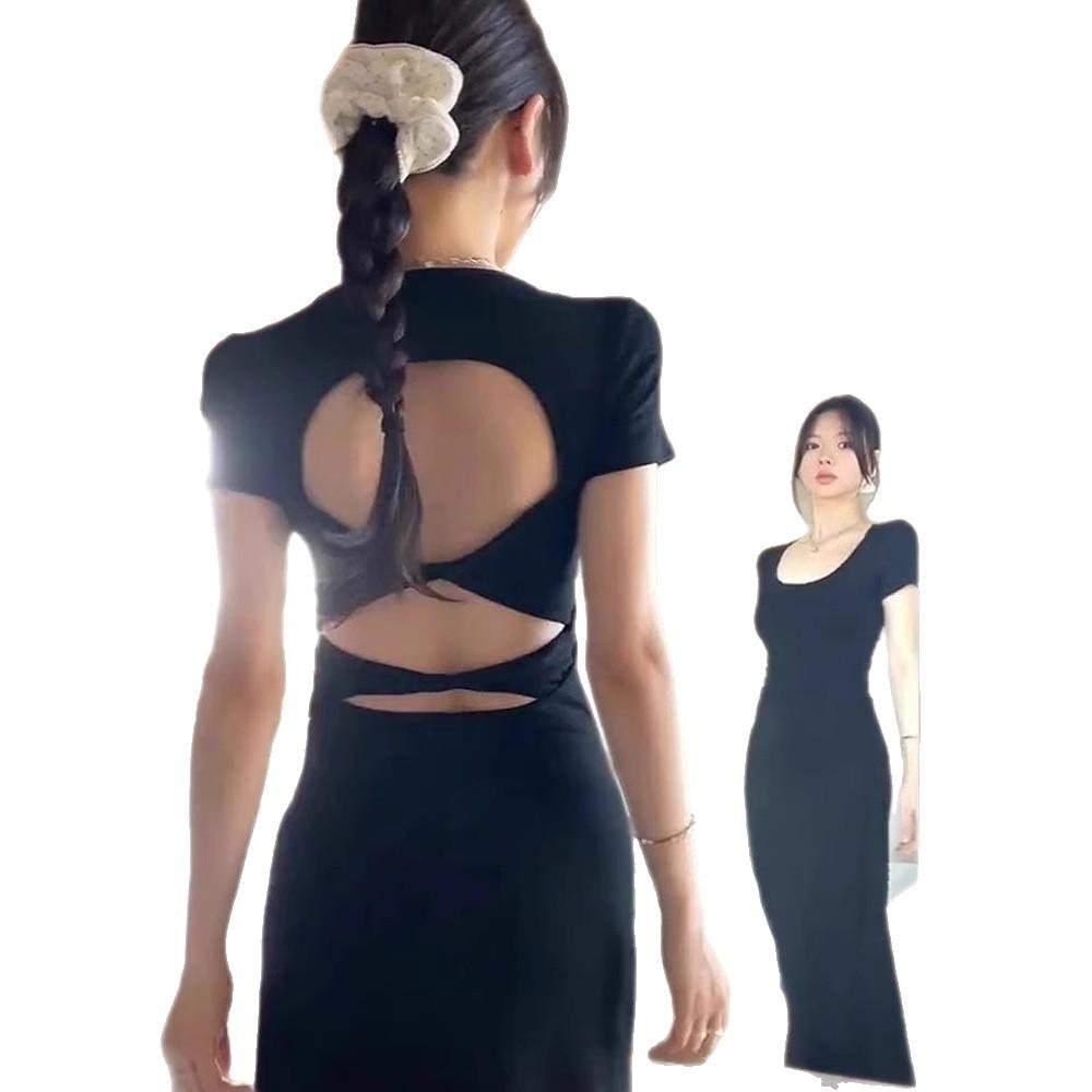 Temperament Slim and Thin Black Short-sleeved Split Backless Dress Children's Summer High-end Long Dress New