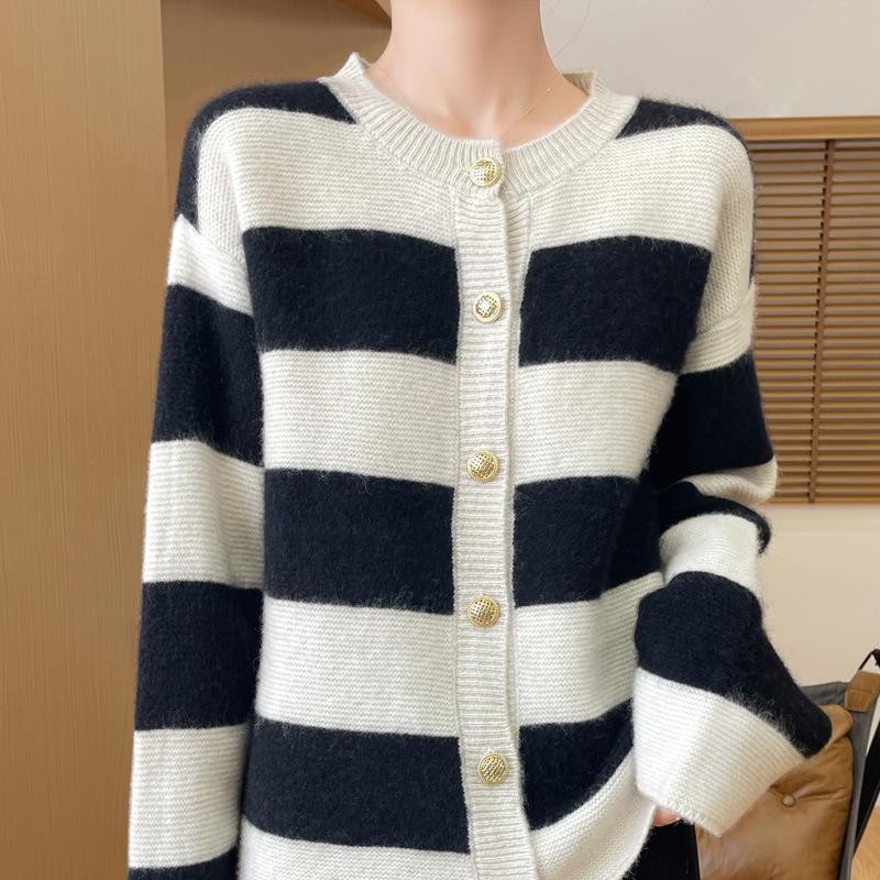 2024 Women's Color Block Pure Wool Knit Cardigan - Casual Round Neck, Loose Fit with Button Closure