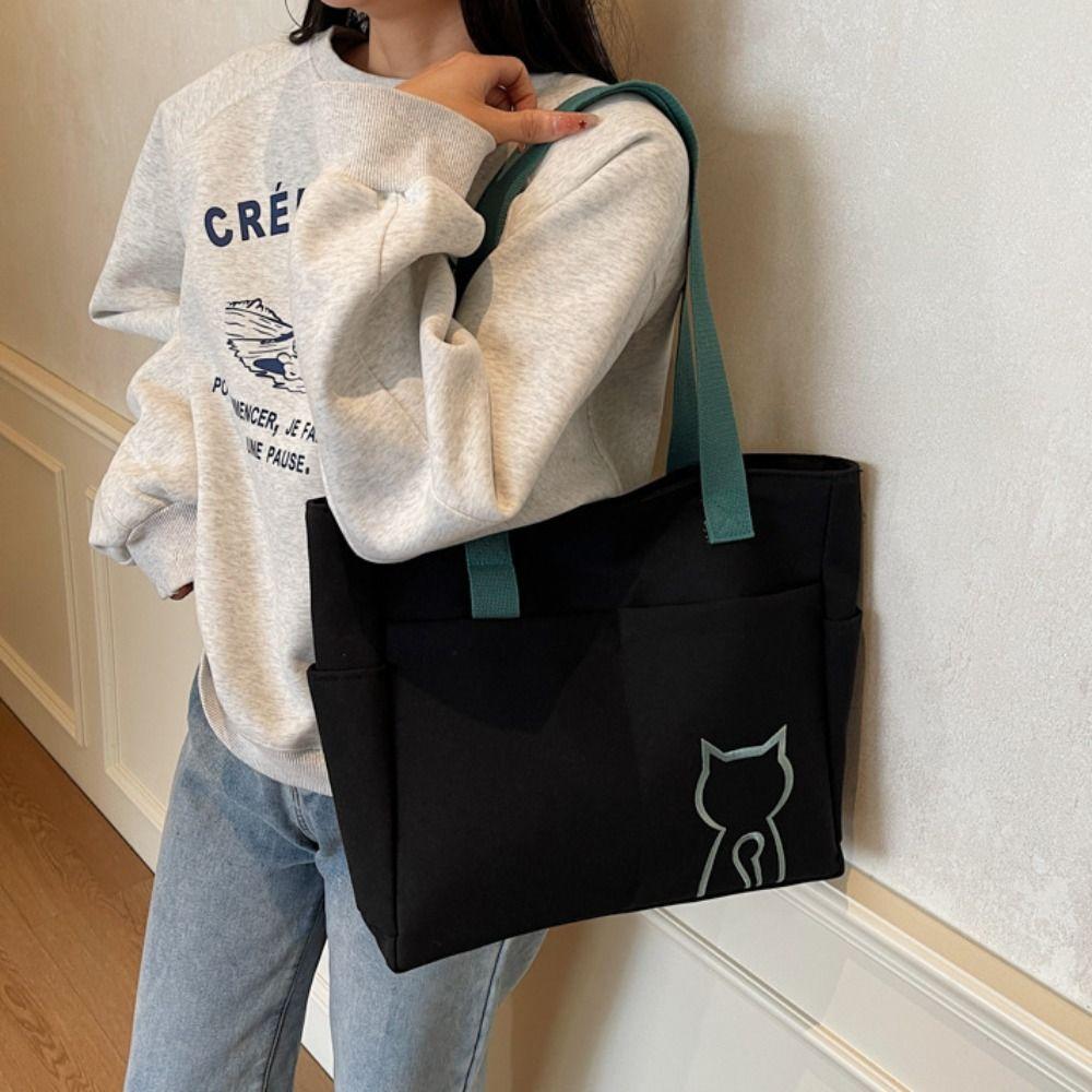Embroidery Cat Lightweight Eco Bag Casual Nylon Shoulder Bag Nylon Tote Bag  Student