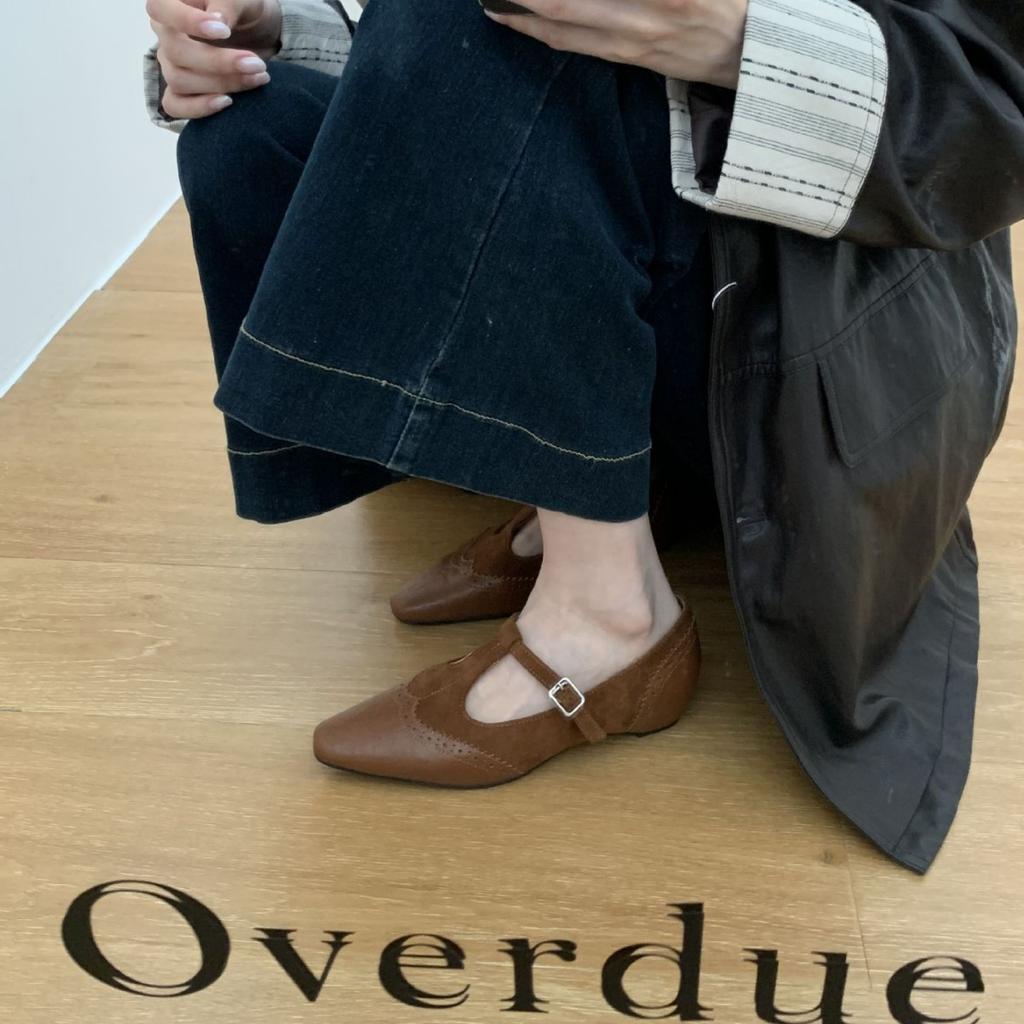 2025 new matte suede splicing one-word belt inner slope heel shallow mouth versatile commuter work women's shoes