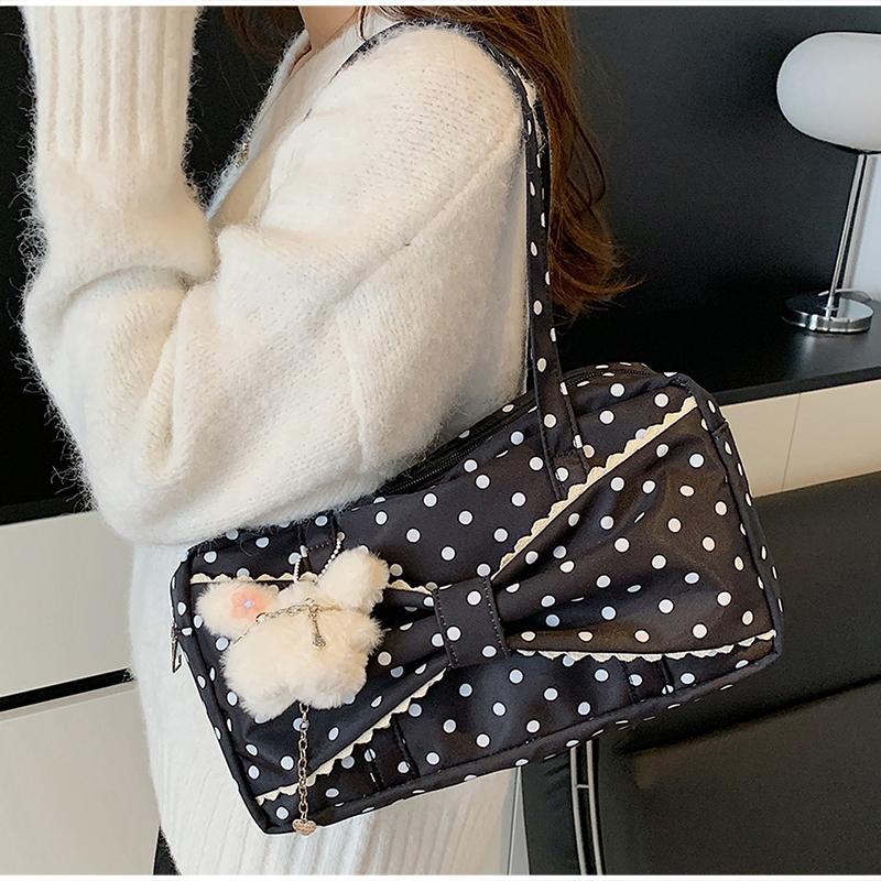 Japanese Cute Polka Dot Shoulder Bag High-quality Bow Square Bag BlackWhite Blocking Handbag Zipper Commute Storage Shopping Bag