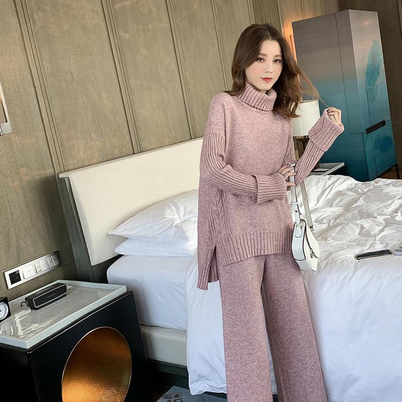 Completo da donna autunno e inverno con collo alto, ampio, pigro e spesso, maglione caldo, completo da due pezzi, pantaloni a gamba larga lavorati a maglia