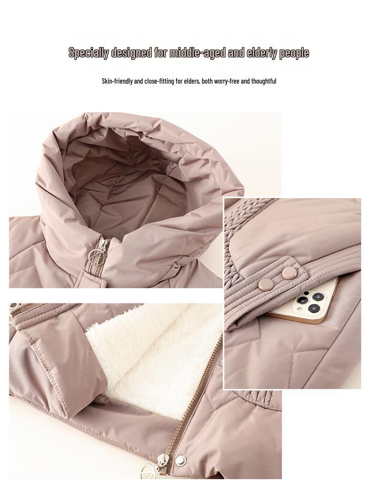 Mom's Winter Hooded Cotton Jacket for Middle-Aged and Elderly Women - Plus Velvet, Thickened, Warm, Ideal for 50+.