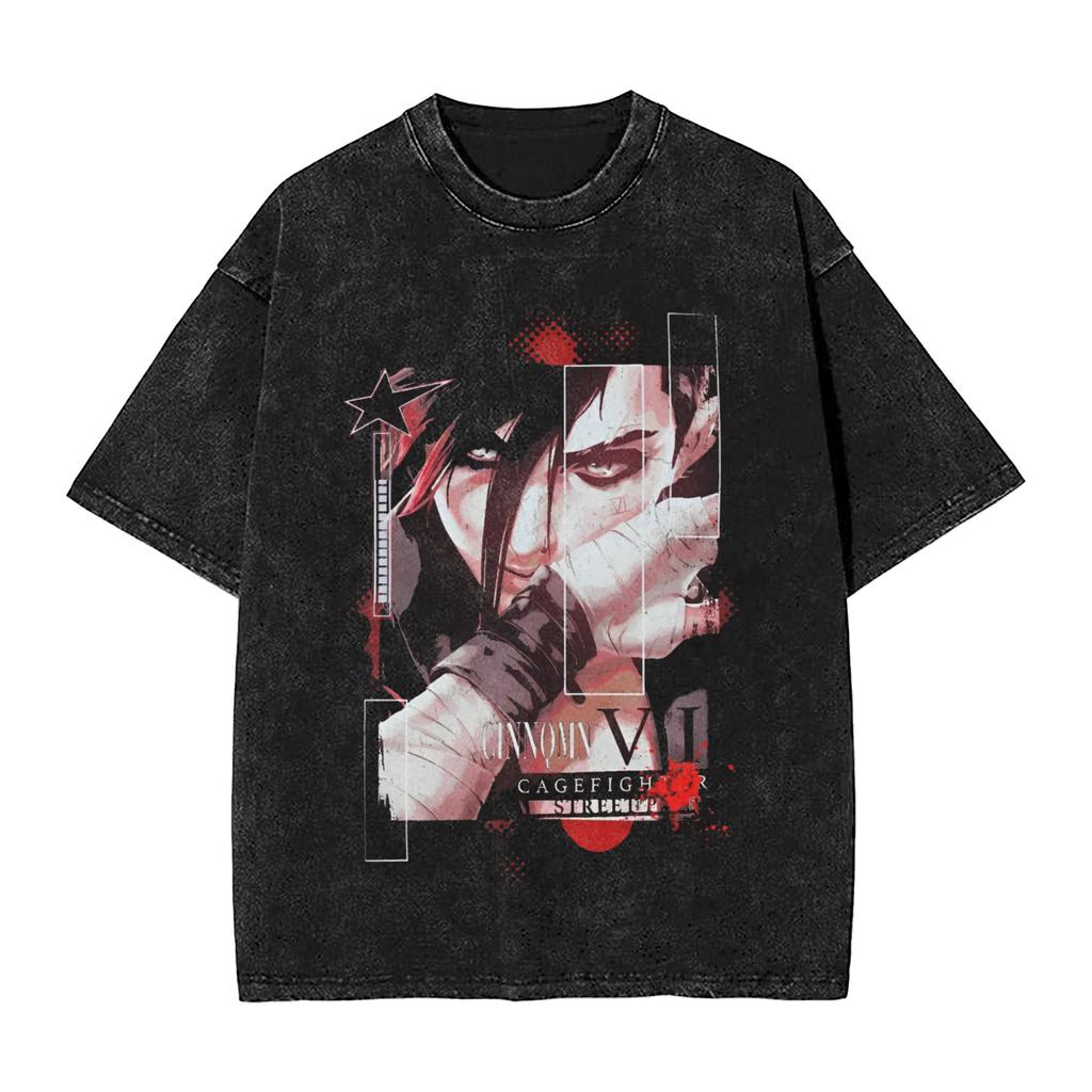 Anime Arcane Vi Spiel Violett Bedrucktes Gewaschenes T-Shirt Herren Damen Manga T-Shirts Vintage Baumwoll-T-Shirt Harajuku Herren-Tee