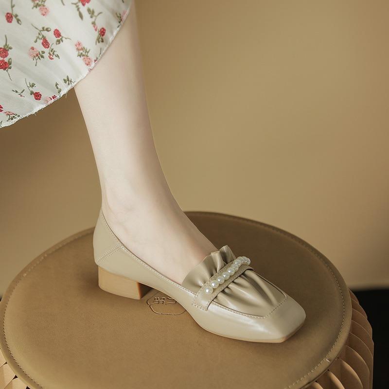 Autumn New Shallow Thick Heel Pleated Shoes Women's Pearl Soft Versatile Square Head Thick Heel Single Shoes Women
