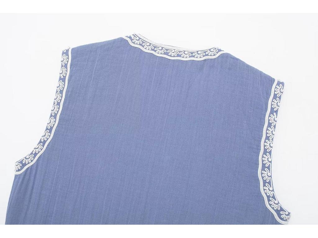 2024 Vintage květinová výšivka Barevný blok Vesta – Jarní bezrukávový top s otevřeným předním dílem