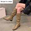 Slim Women Knee High Boots Fashion Slip On Pleated Long Booties Square Heels Autumn Winter Shoes