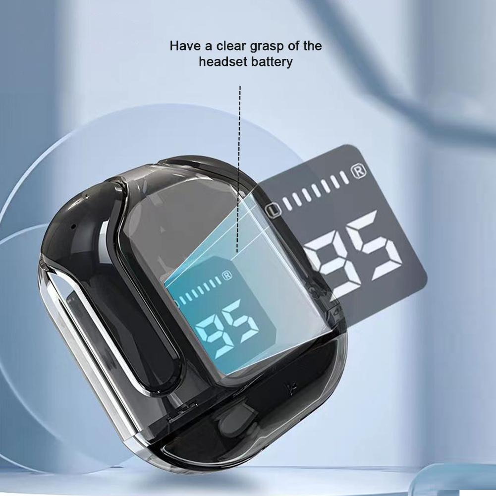 Transparenter kabelloser Bluetooth-Ohrhörer mit Rauschunterdrückung, Stereo-Kopfhörer mit Digitalanzeige, Ladekoffer, wasserdichtes Gaming