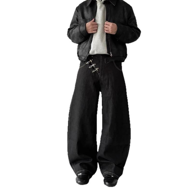 Herren Relaxed Fit Gerade Bein Jeans mit schrägem Knopfverschluss Streetwear
