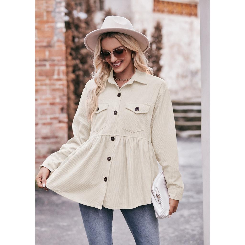 GMXIA Women's Autumn and Winter Solid Color Print Long Sleeve POLO Neck Casual Baby Shirt Corduroy Shirt