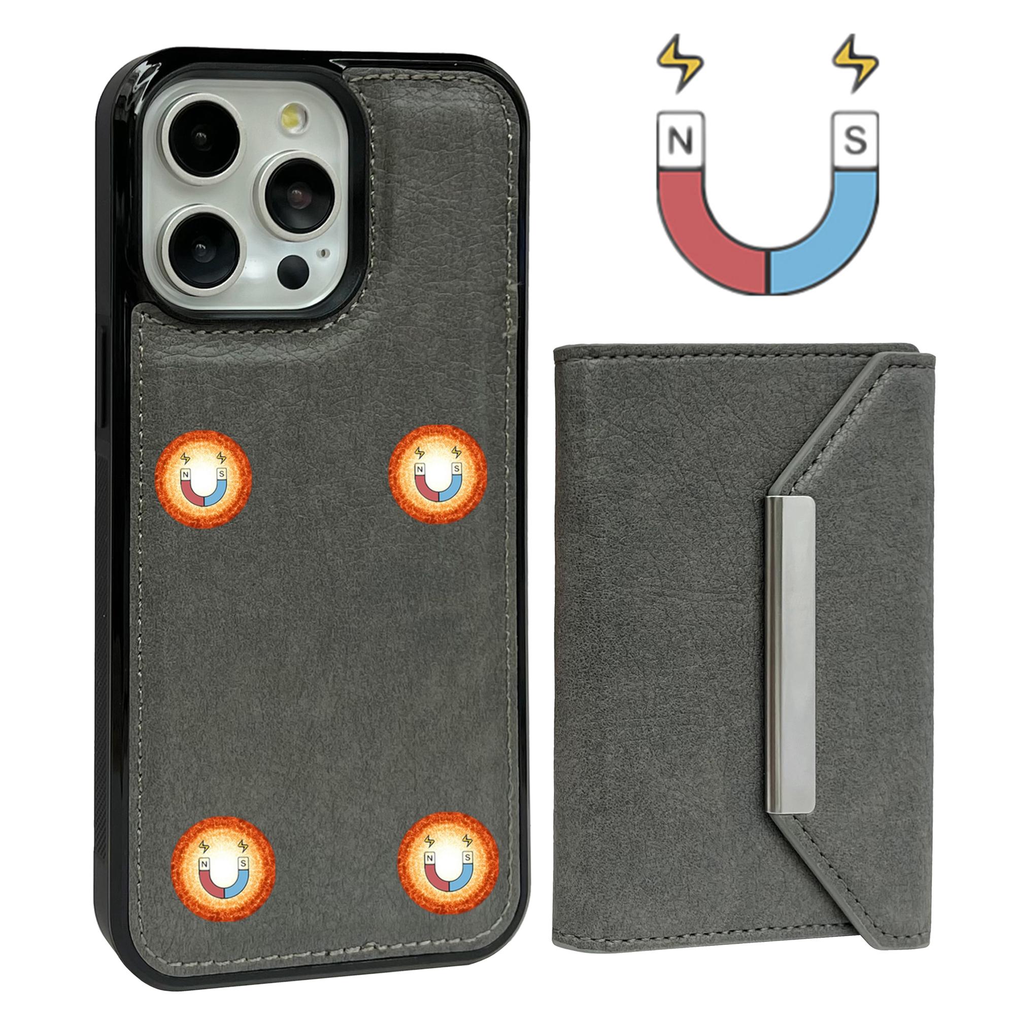 

For iPhone 14 Pro Max Kickstand Case PU+TPU Phone Cover Detachable Card Bag Grey