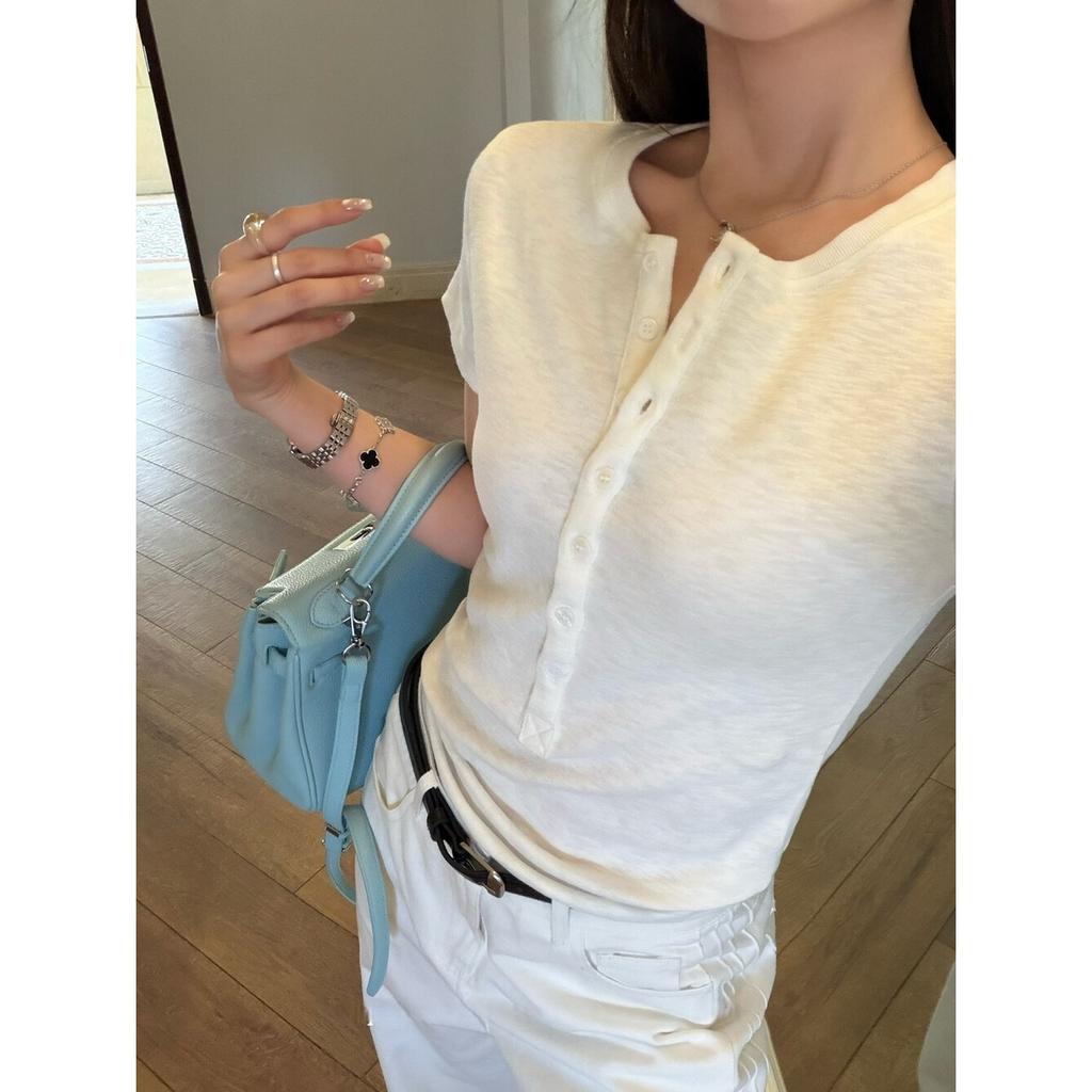 Temperament Premium Button V-neck Front Shoulder Short-sleeved Women's Henry Collar Bottoming Top Summer Temperament Thin Breathable T-shirt