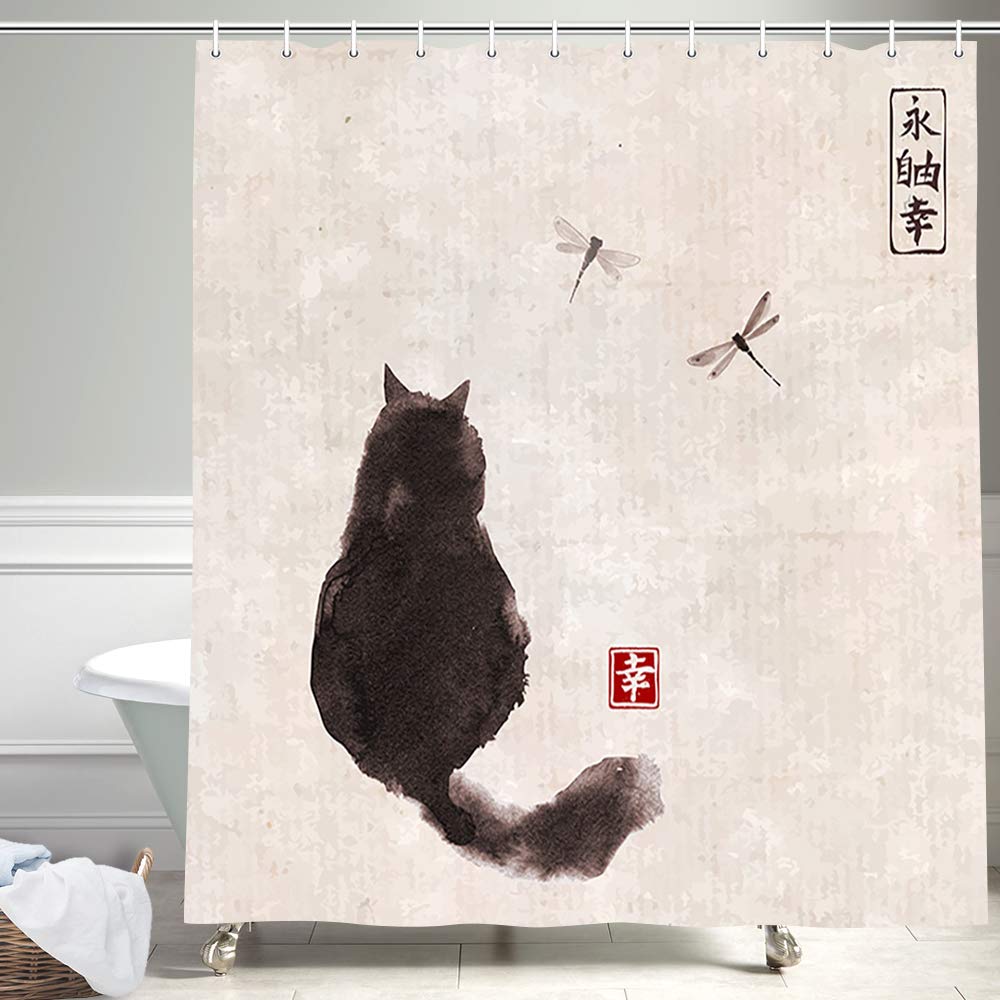 Japanese Ceramic Handicraft Waterproof Polyester Fabric Waterproof Polyester Fabric Bathroom Curtain 180 X 200cm with 12 Hooks