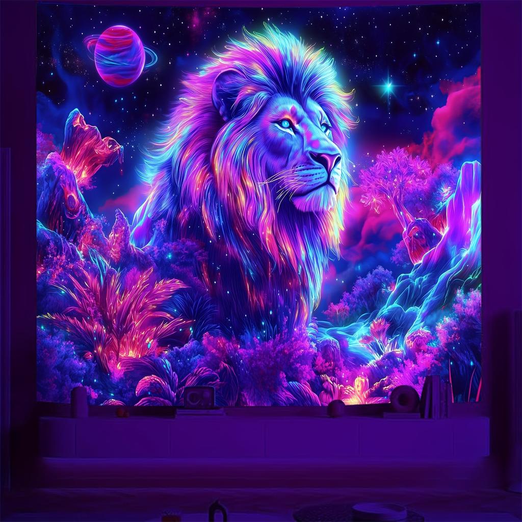 Neon Floral Lion View  Fluorescent Tapestry Outer Space UV BlackLight Tapestry, Wall Hanging For Living Room Bedroom Office Home Decor