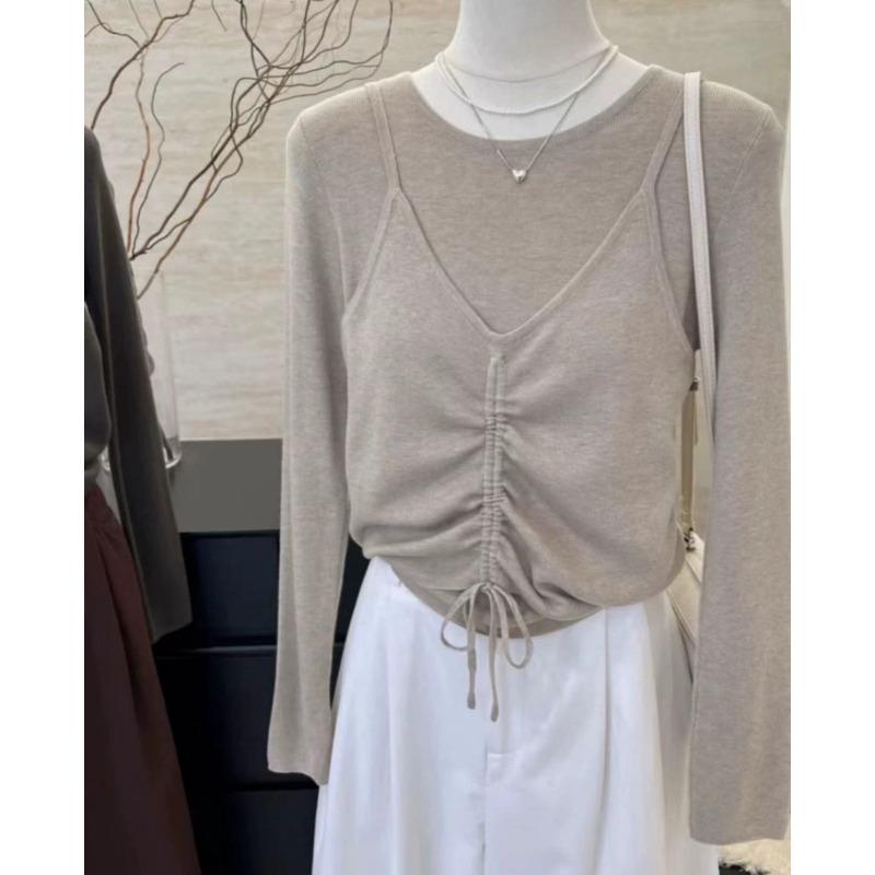 Crew Neck Fake Two-piece Knitted Sweater Women's Autumn New Design Sense Gentle Drawstring Versatile Bottoming Shirt Women