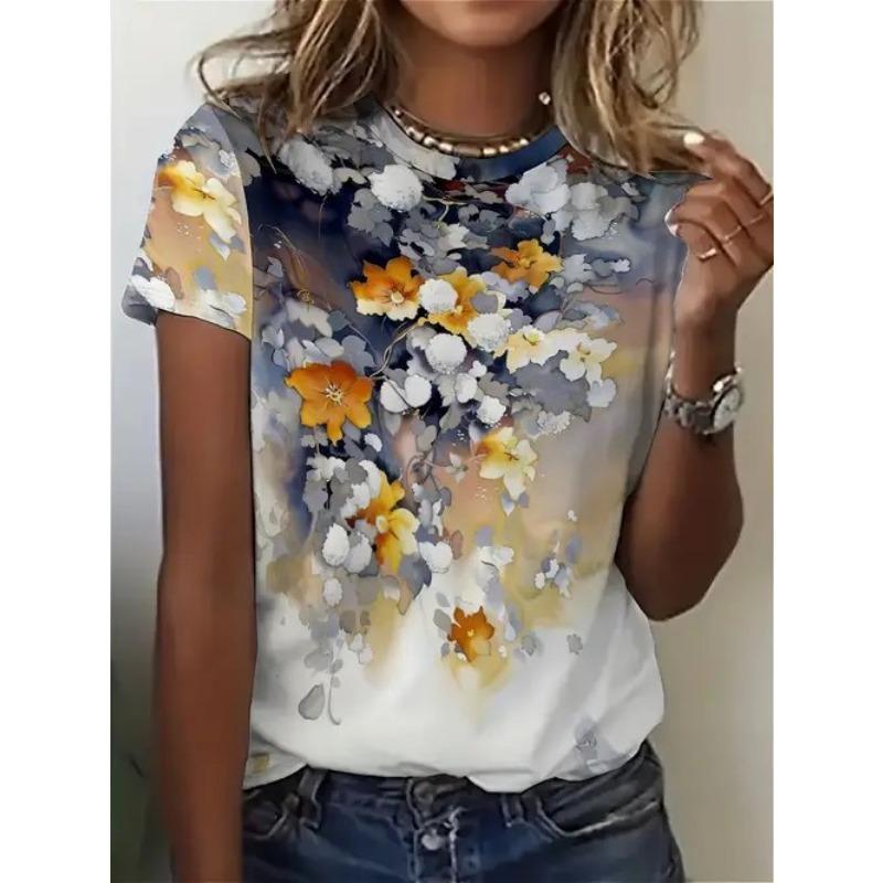 

Women s Summer Temperament Elegant Round Neck Pullover Short Sleeved Plant Floral Print T-Shirt S