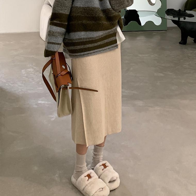 

Soft Elegant Style Knit Slit Skirt Women Autumn Winter Wool Slim Fit Bodycon Skirt One Size абрикосовий