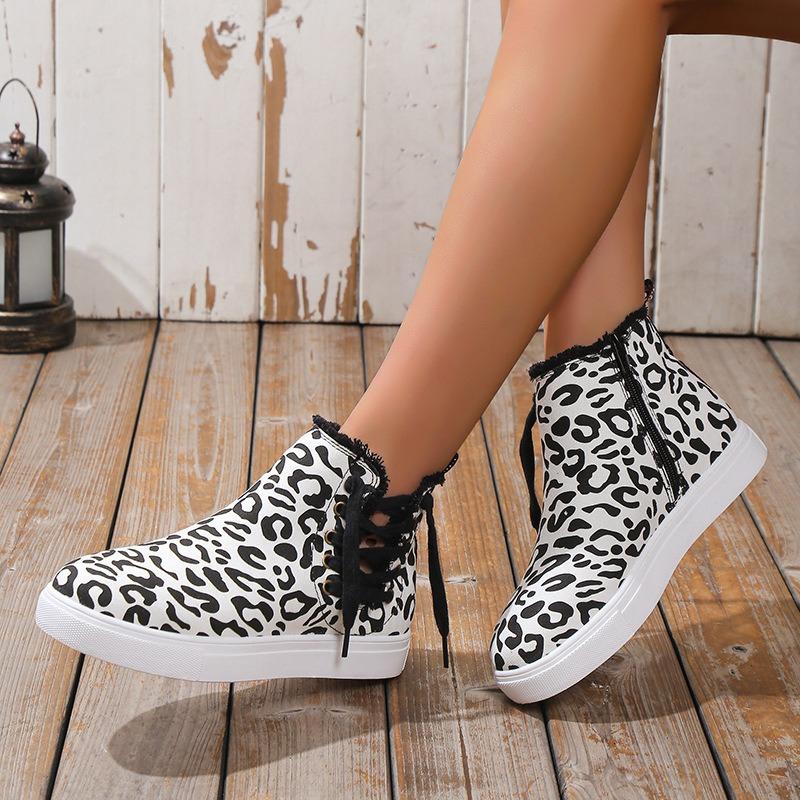 Spring new flat-bottomed thick-soled lace-up casual shoes women's large-size leopard print lace-up women's shoes student board shoes
