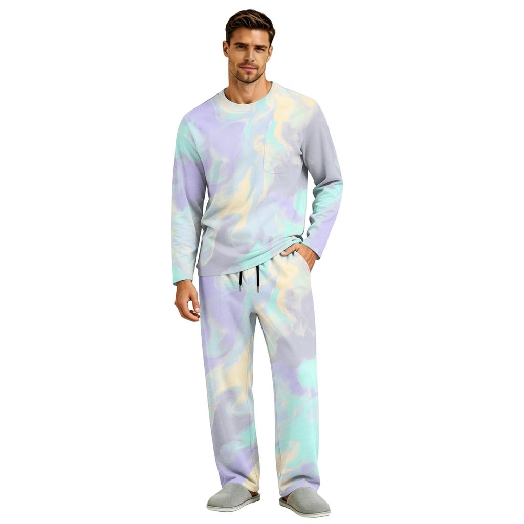Men's Pajama Set Long Sleeve Top and Pants with Button Fly and Elastic Drawstring Waist