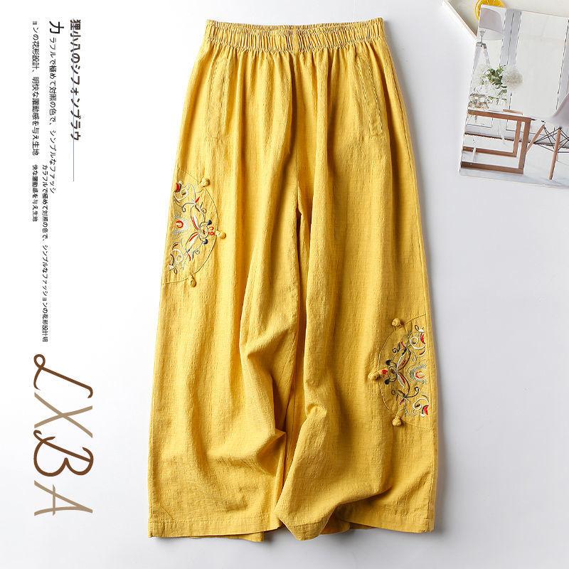 Cotton Linen Casual Spring Summer Thin Retro Ethnic Style Embroidered Wide-leg Versatile Nine-minute Pants