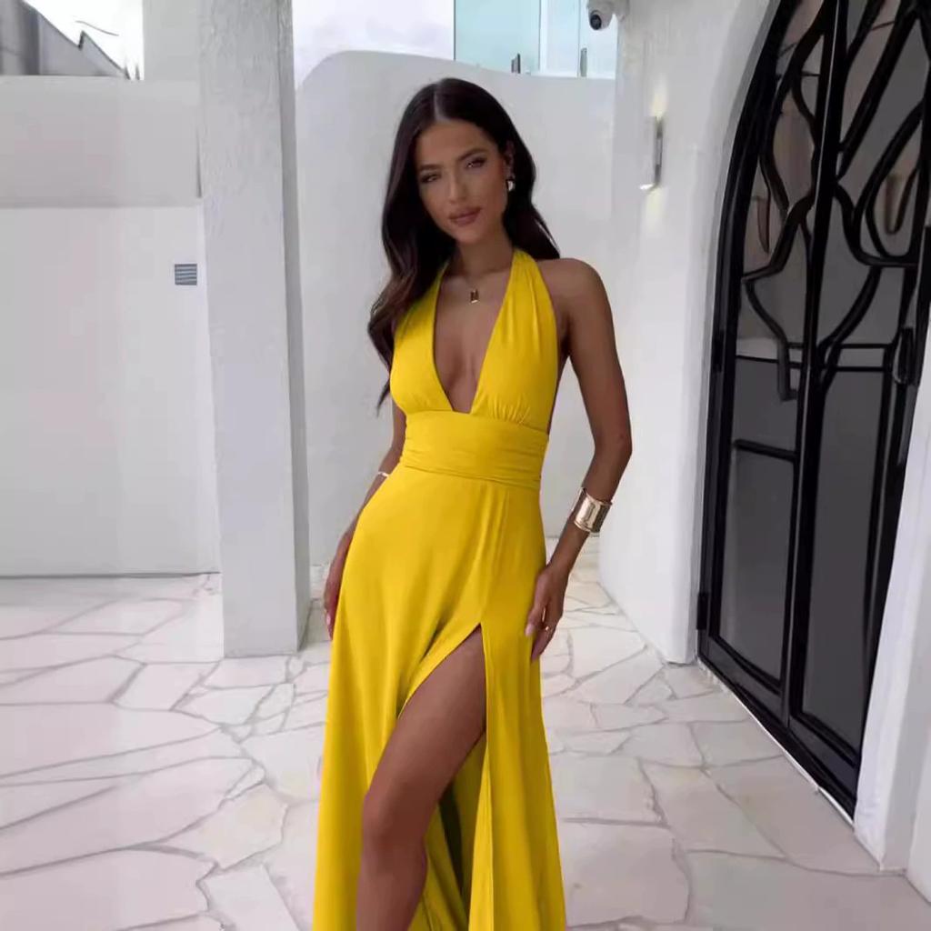 Women Halter Deep V Neck Maxi Dress Sleeveless Backless High Side Slit Tie Back Party Cocktail Dresses