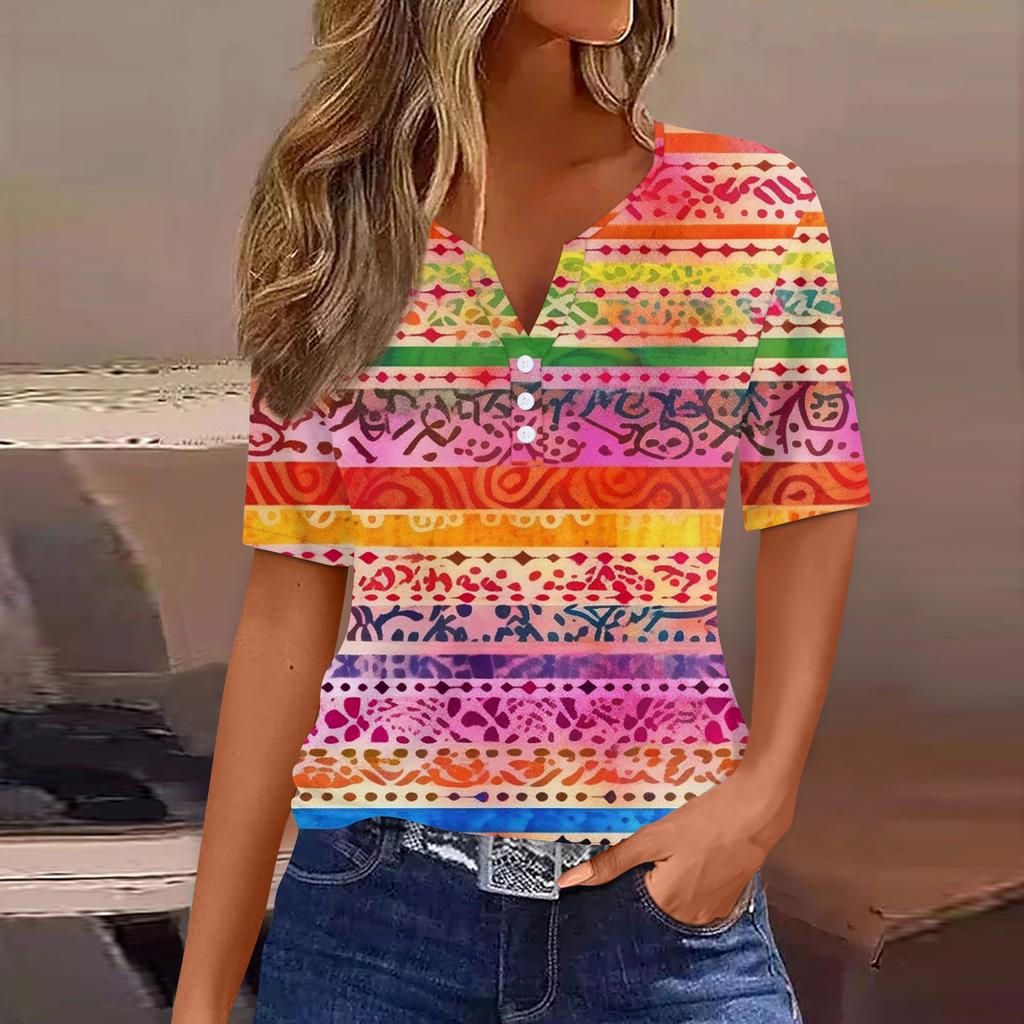 Women's T Shirt Print Button Short Sleeve Daily Weekend Fashion Basic V-Neck Regular Top