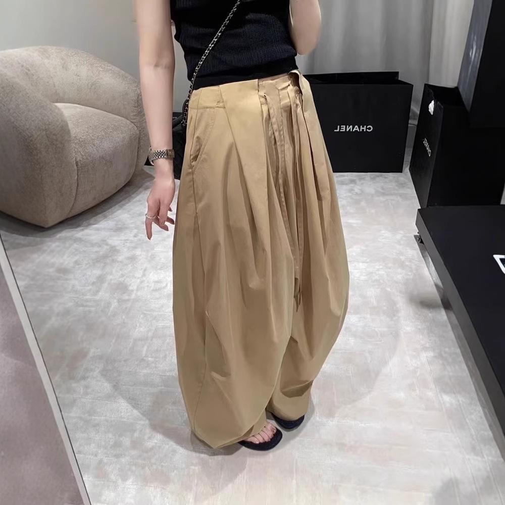 Womens White Drawstring Waist Wide Leg Pants Solid Color Casual Loose Fit Trousers