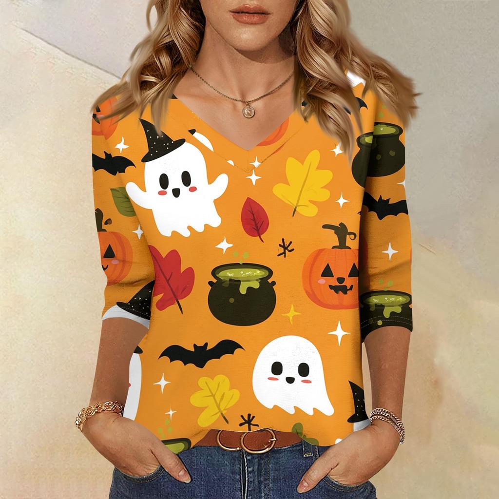 Women's Casual Halloween Print V Neck Three Quarter Sleeve Top Lightweight Soft Fabric Comfortable Fit