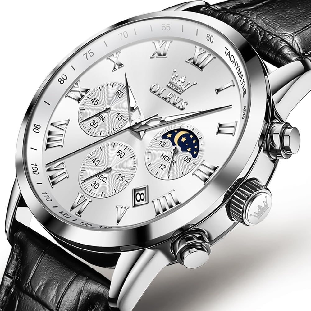 OLEVS Watch Leather Wristwatch Waterproof Watch Analog Stylish Simple Quartz Lightweight Brown Gentleman Date Day of the Week White Men's Men's