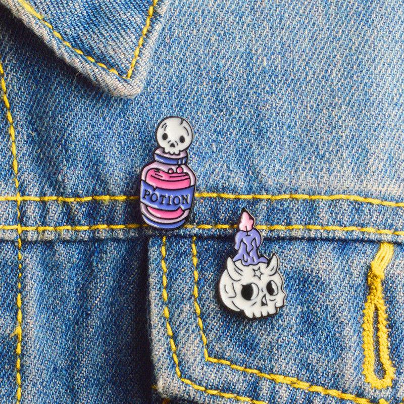 Premium Quality Enamel Brooch Featuring Witch Tools Skull Cat For Halloween