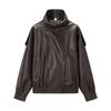Womens 3-color Faux Leather Jacket Loose Fit Square Collar Winter Wear