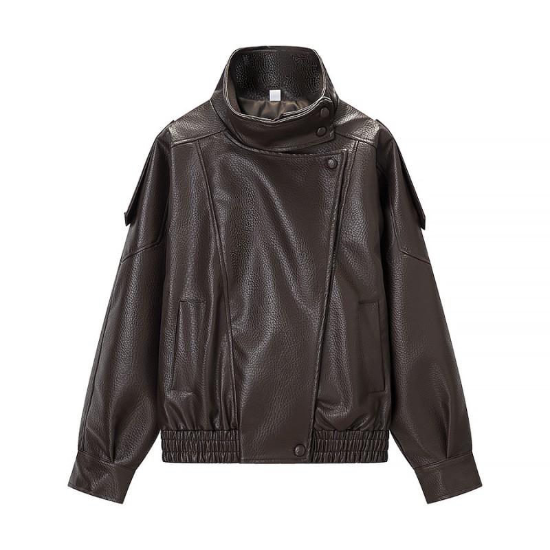 Womens 3-color Faux Leather Jacket Loose Fit Square Collar Winter Wear