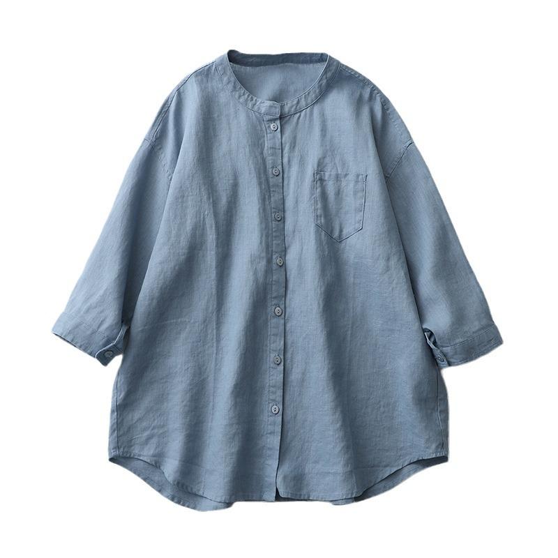 2025 summer shirt stand-up collar four-quarter sleeve white shirt loose large size sunscreen shirt cotton and linen women's clothing C025-815