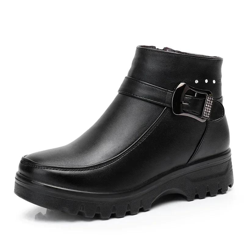 Fashion Winter Women Genuine Leather Ankle Boots Female Thick Plush Warm Snow Boots Mother Waterproof Non-slip Booties