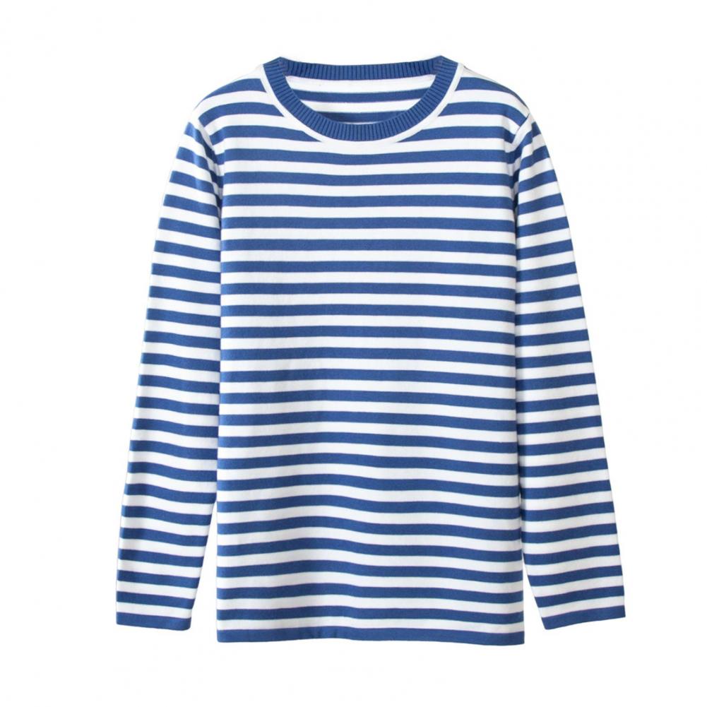 Women Tops Round Neck Long Sleeve Striped Print Sweater Loose Fit Stretchy Retro Knitting Tops Daily Wear