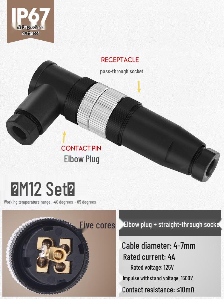 M12 Waterproof Sensor Connector: Male & Female Aviation Plug, 34-Pin, 5-Hole, 8P, Straight & Elbow, Three-Core Socket.