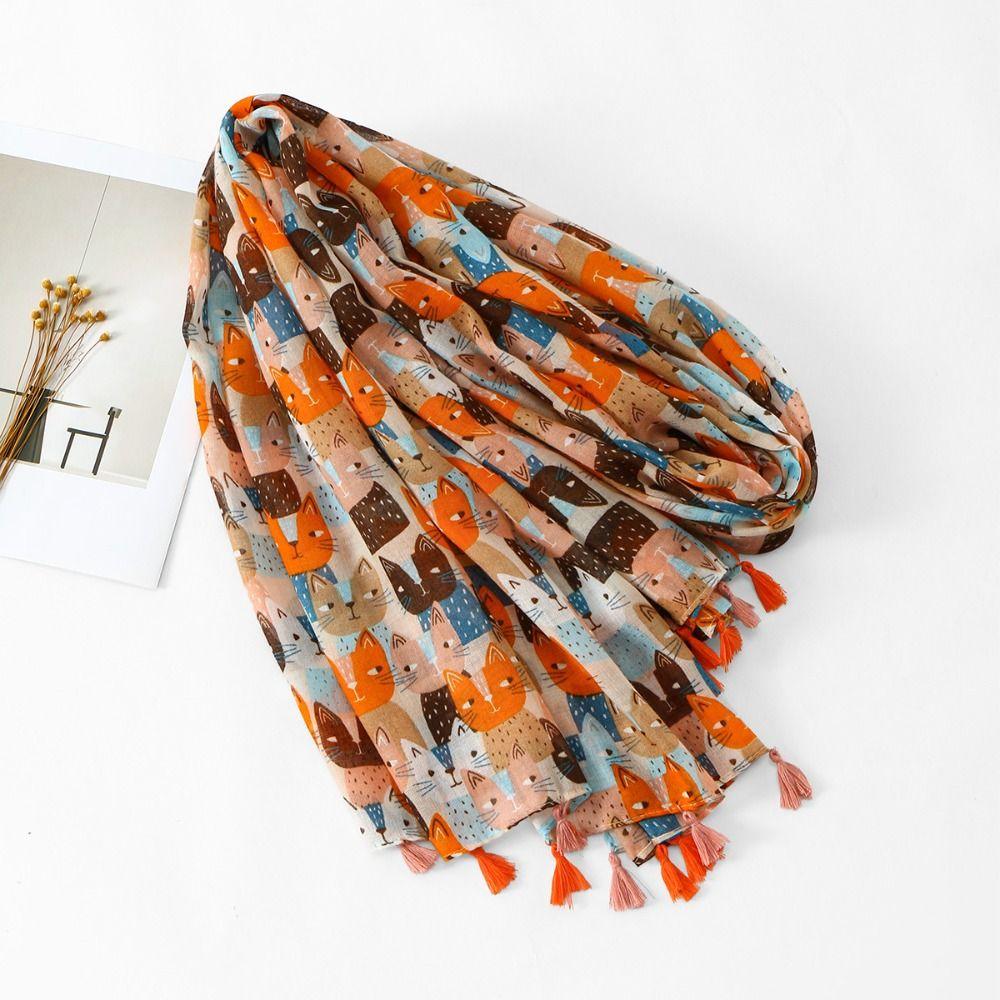 Long Printed Silk Scarf Large Animal Print Scarves All-match Cat Pattern Tassel Scarf  Vacation