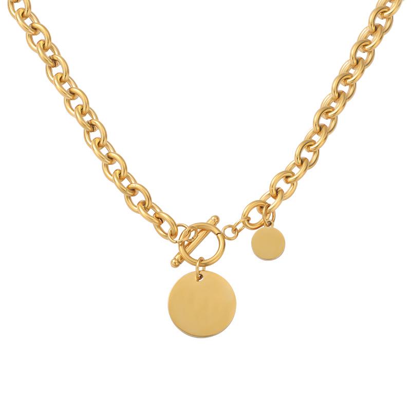 Luxury European & American Style Hip Hop Stainless Steel Chunky Chain Necklace with Round Tag & OT Buckle