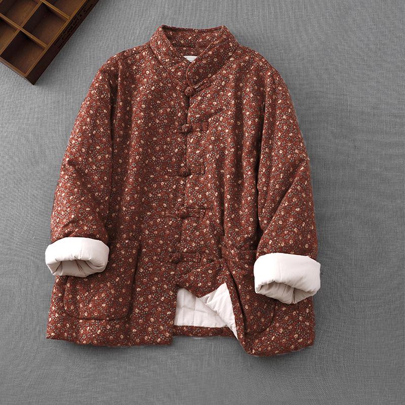 

Женская короткая зимняя куртка из хлопка в китайском стиле с цветочным принтом и двубортными пуговицами 2XL красный