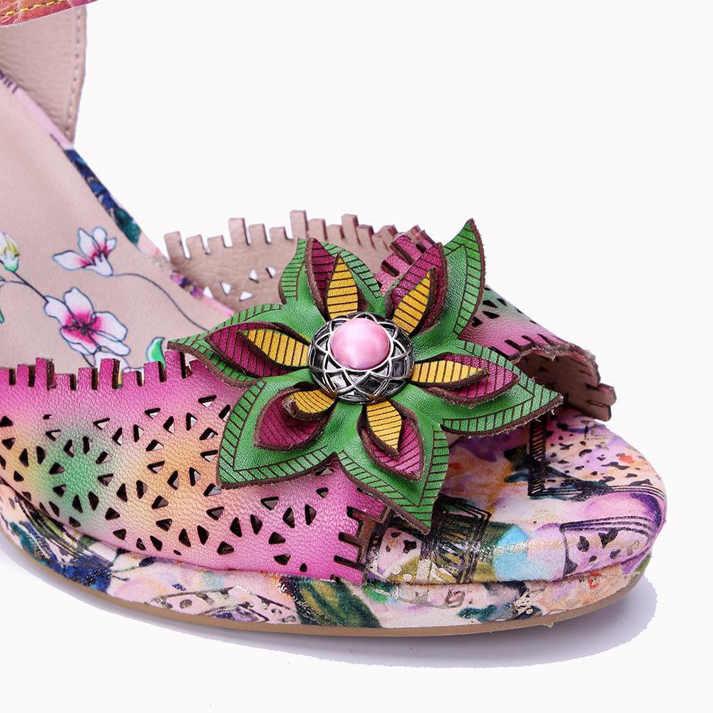 Johnature Genuine Leather Retro Baroque Style Hollow-out Carved Flower High-heeled Sandals