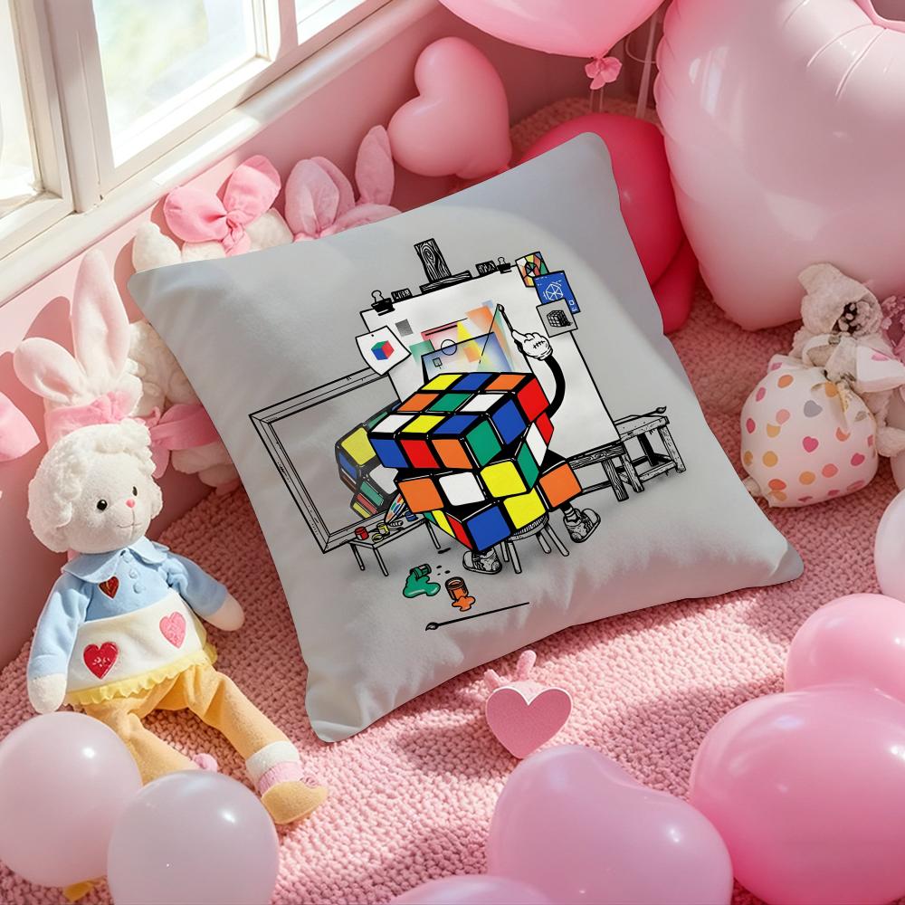 cartoon style Rubik's cube Cute Cushion Cover Pattern Printed Pillowcase for Living Room Sofa Cushion Cover & Bedroom Decor