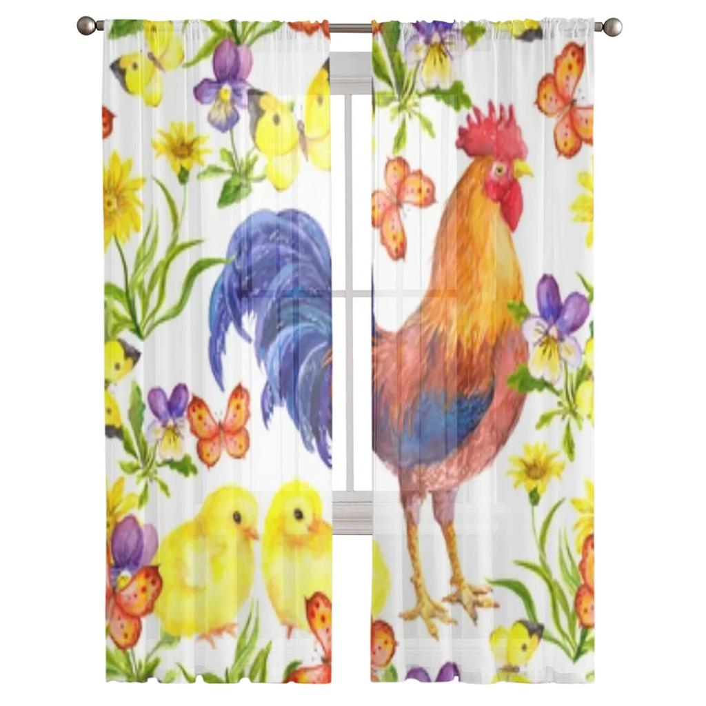 Durchsichtige Vorhänge mit Hahn und Küken im Gras für Wohnzimmer, Kinderzimmer, Tüllvorhänge, Küchenfenster, Behandlungsvorhänge