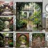 Chinese Stijl Douchegordijn Vintage Houten Plaat Tuin Gebouw Groene Plant Bamboe Patroon Badkamer Decor Gordijn Set