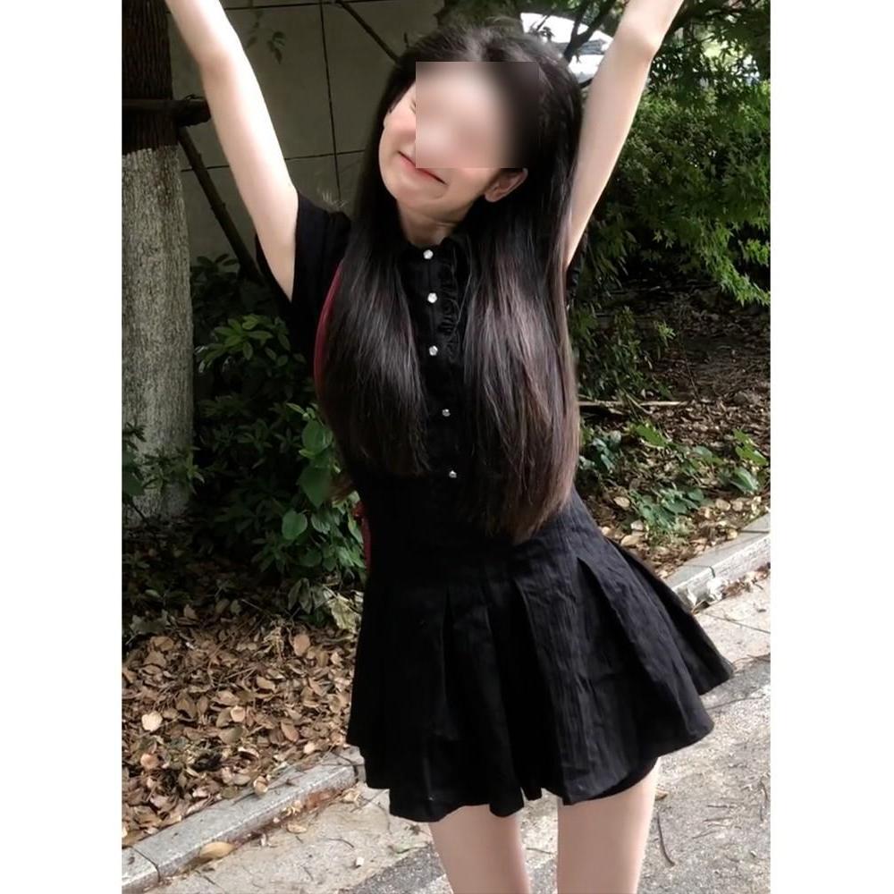 White puff sleeves, polo neck shirt dress, women's summer summer waist, A-line pleated skirt, preppy style skirt