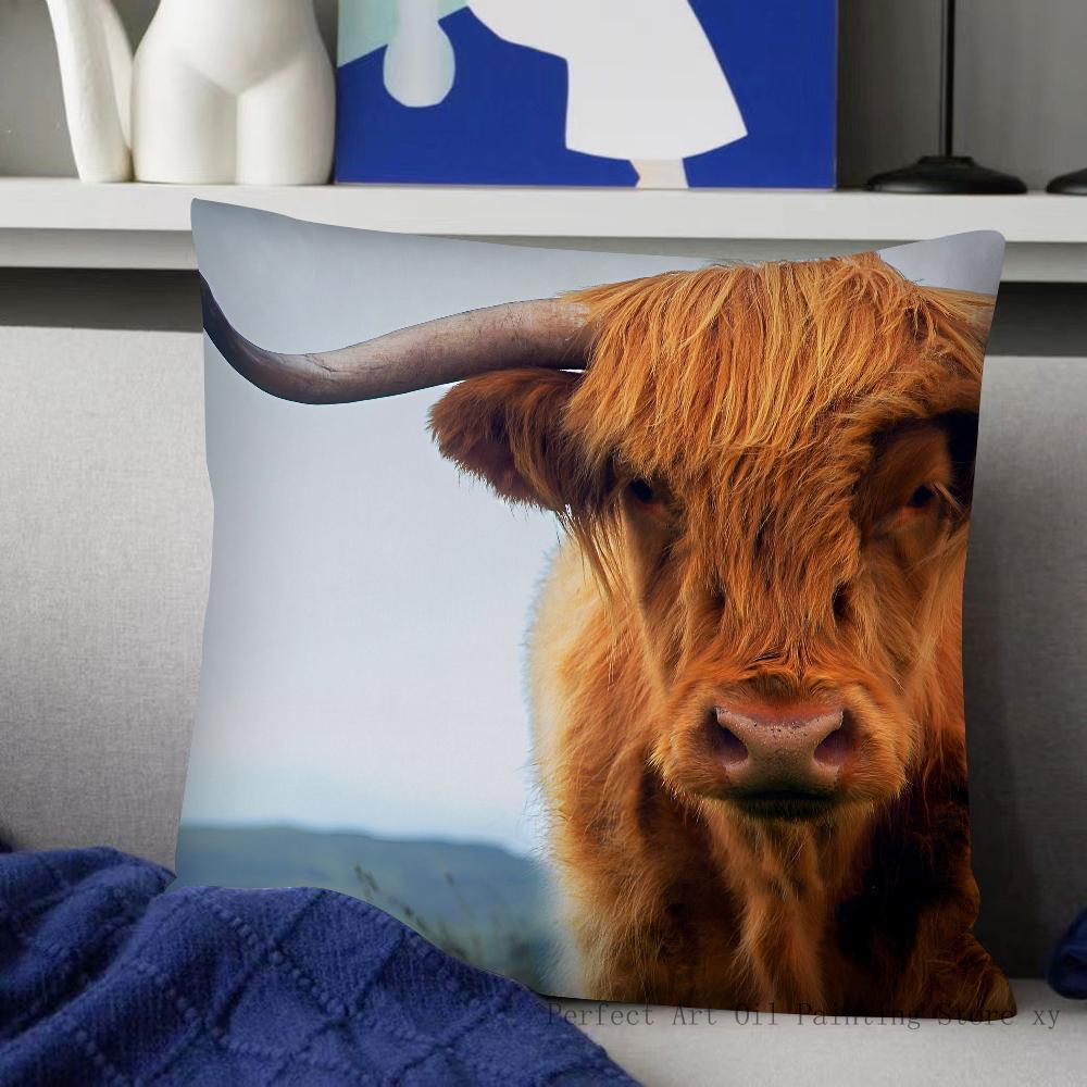 Scottish Highland Cattle Pillow Case Fashion Square Pillowcase Bedroom Sofa Room Ins Decoration Leisure Cushion Cover 40x40