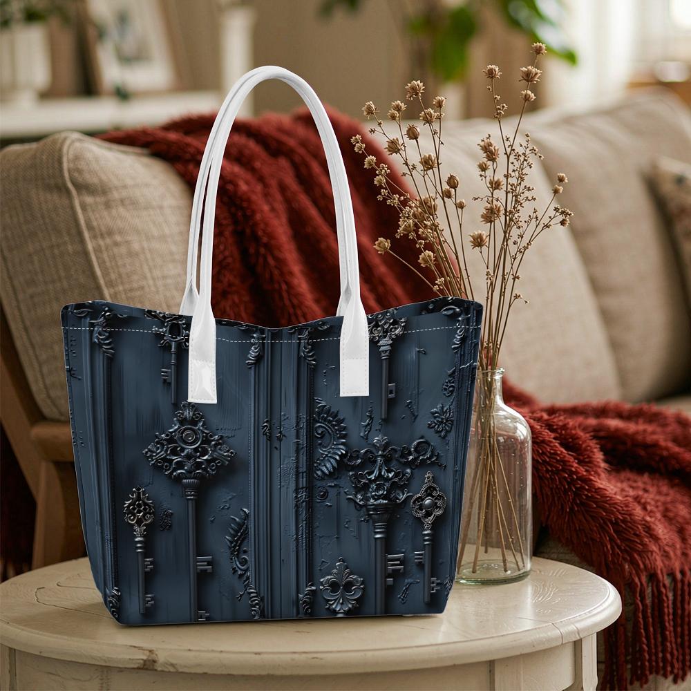 Vintage Dark Pattern Tote Bag Gothic Key Decor Large Capacity Daily Commute Bag Women Casual Fashion Shoulder Handbag