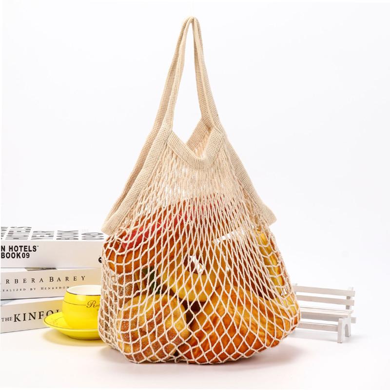 Handheld foldable shopping Cotton mesh bag , reusable fruit mesh bag, Woven mesh pocket hollowed out kitchen storage
