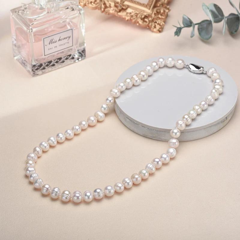 New Hot Real White Freshwater Cultured Pearl Necklaces for Women Girl Gift, 925 Sterling Silver Women s Baroque Pearl Necklace 8-9mm&40cm