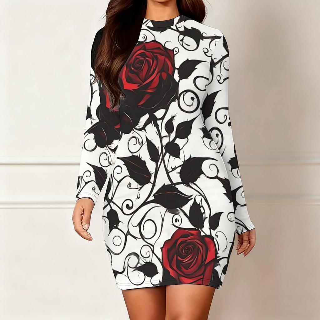 2025 Outono e Inverno Novo Estampa Floral 3D e Tingimento Moda Feminina Manga Longa Gola Redonda Vestido Envolvente de Quadril Dia dos Namorados Limitado