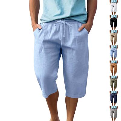 Shorts de Linho Masculino de Verão, Largos, Simples, Cor Sólida, Casuais, Respiráveis, Esportivos, de Praia, de 7/8